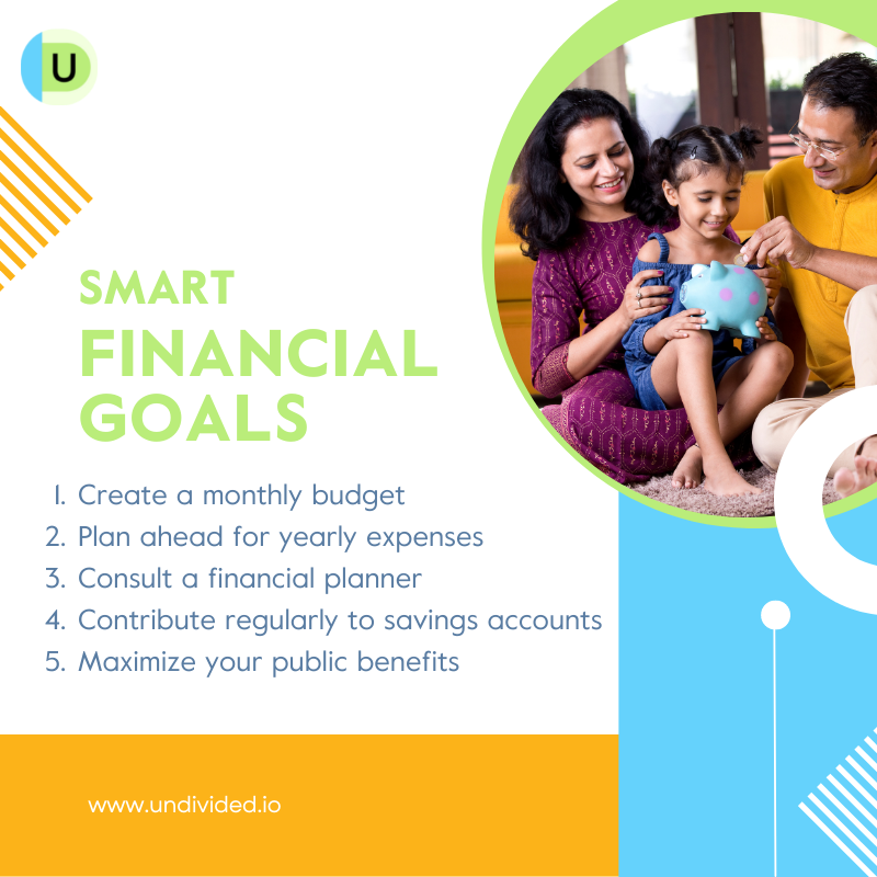 Smart financial goals: 1. Create a monthly budget 2. Plan ahead for yearly expenses 3. Consult a financial planner 4. Contribute regularly to savings accounts 5. Maximize your public benefits