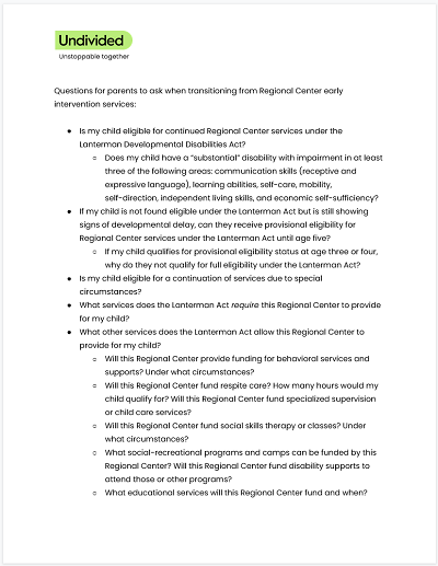 List of questions for parents to ask Regional Center about Lanterman Act transition services