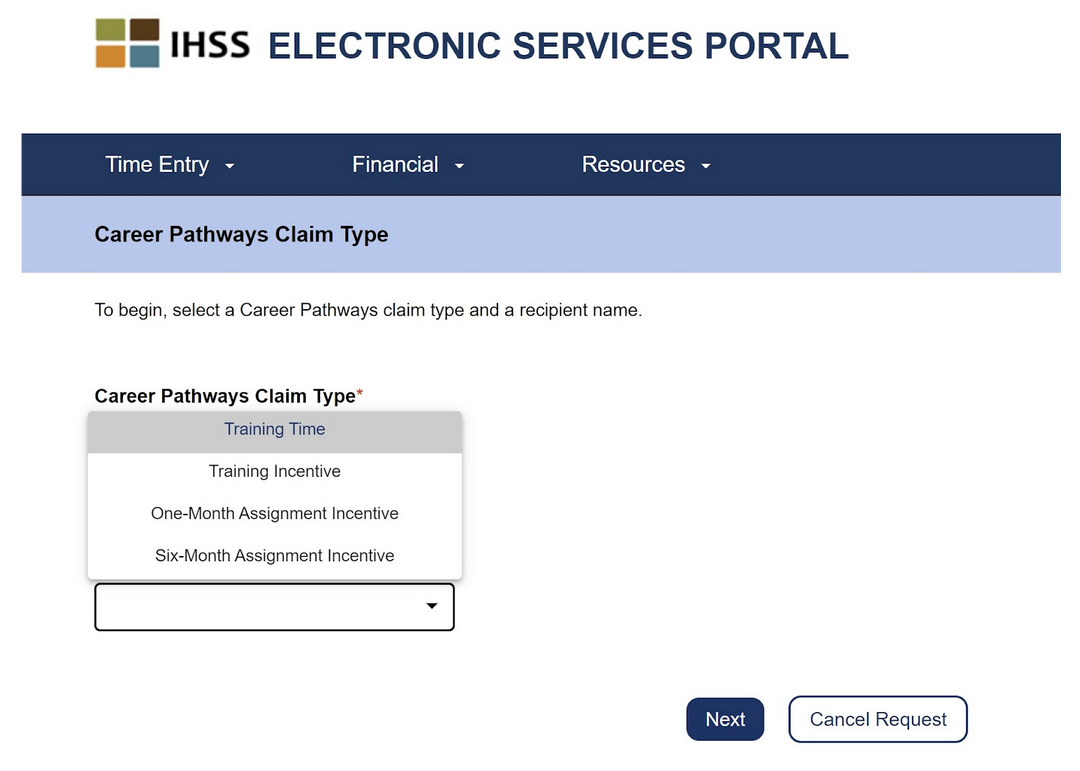 Choosing a claim type for IHSS Career Pathways training hours timesheet