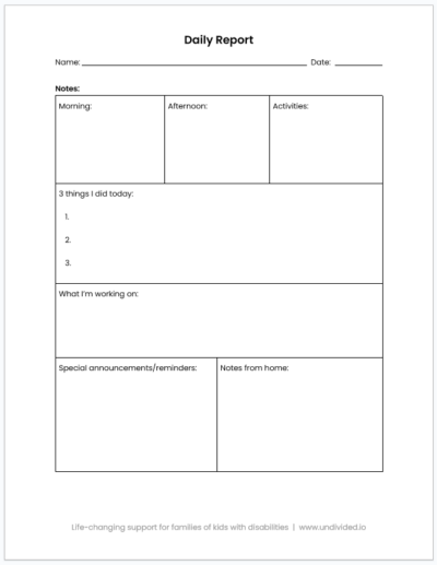 Printable teacher daily student report template