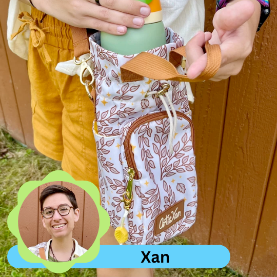 Leafy Water Bottle Bag with Fidget Zipper Pull by autistic artist Xan