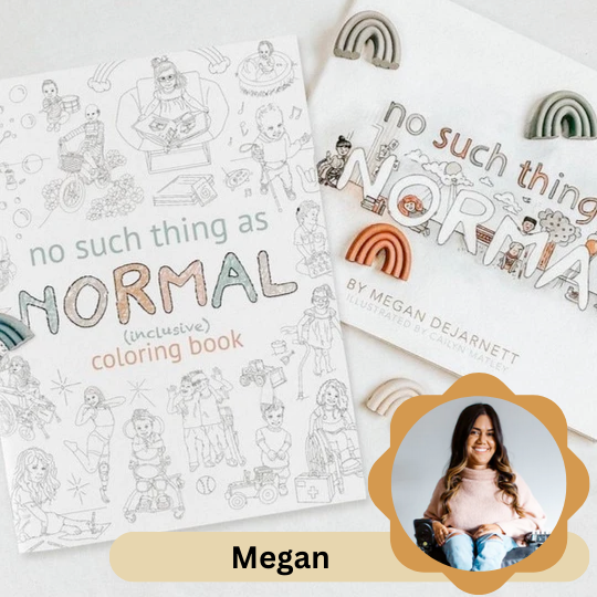 Hardcover book, coloring book, and rainbow crayon set featuring inclusive illustrations by Megan DeJarnett
