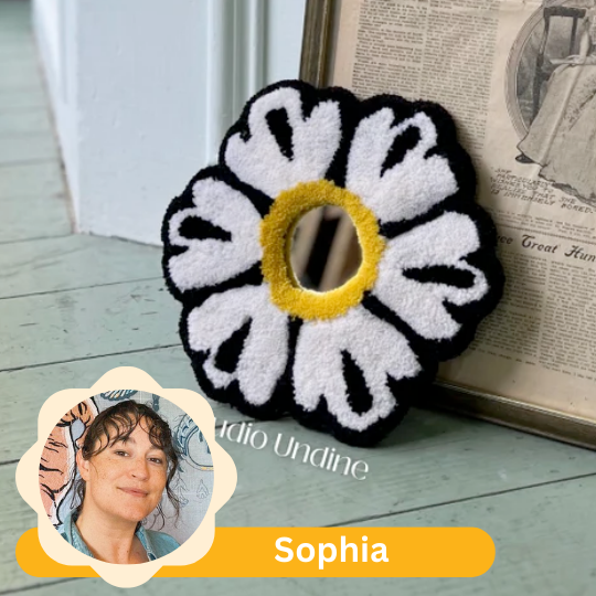Tufted Daisy Mirror handmade by an artist with dyslexia and dysgraphia