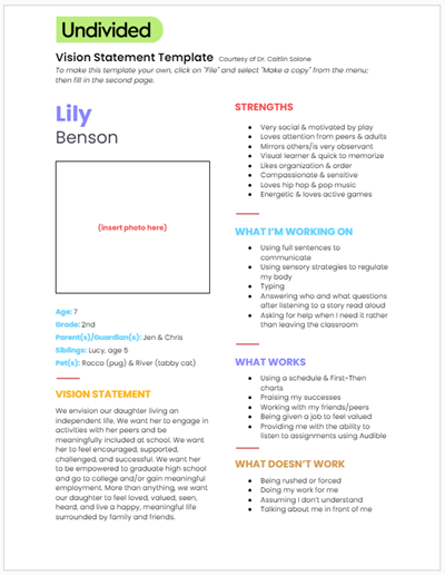 Vision statement template to prep for IEP